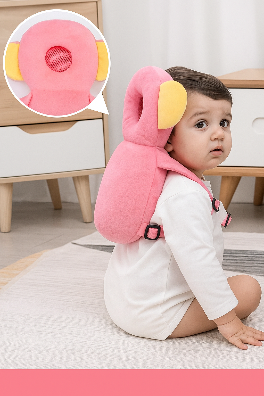 Plush head protector backpack for toddler learning to walk, worn like a soft cushion