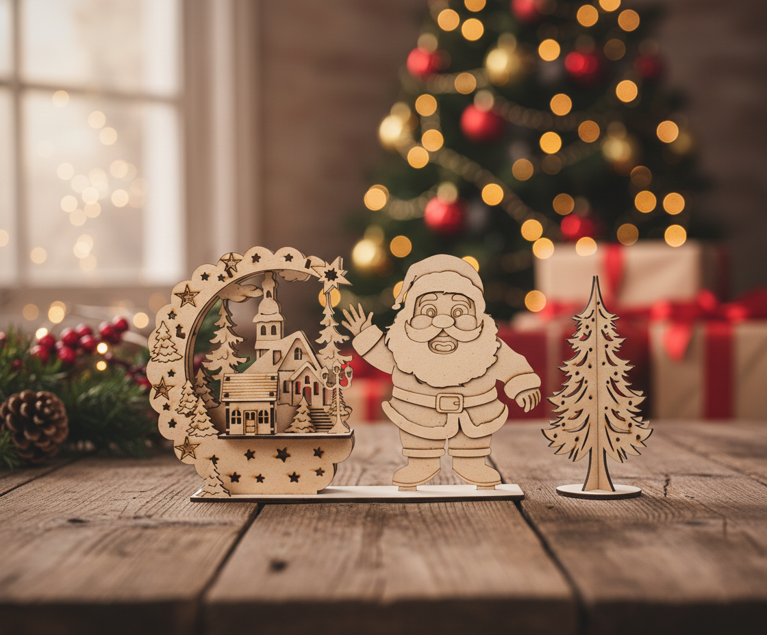 DIY MDF Santa village scene stand with layered house arch and Christmas tree show on decorative table 