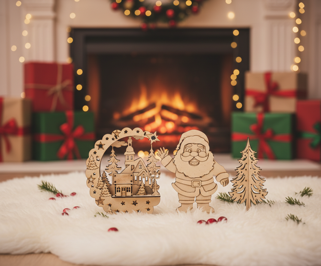 DIY MDF Santa village scene stand with layered house arch and Christmas tree show on decorative table 