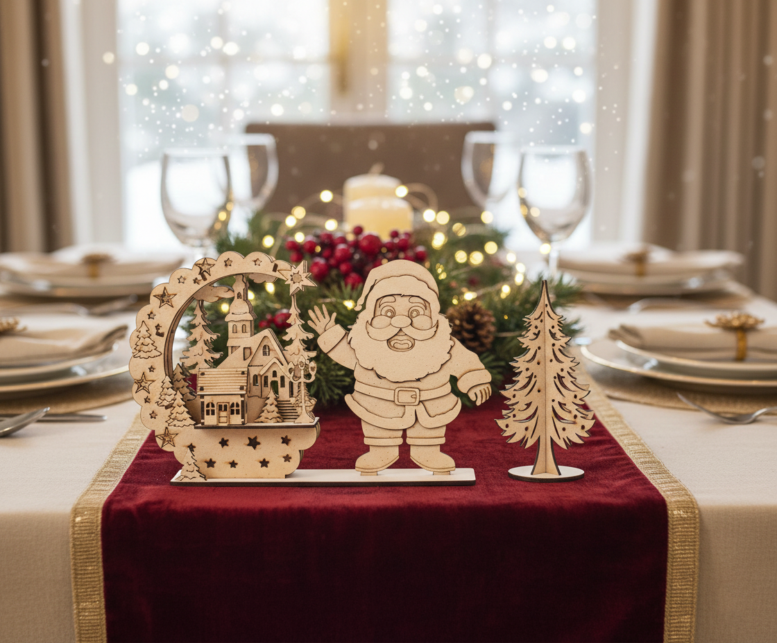 DIY MDF Santa village scene stand with layered house arch and Christmas tree show on decoration table 
