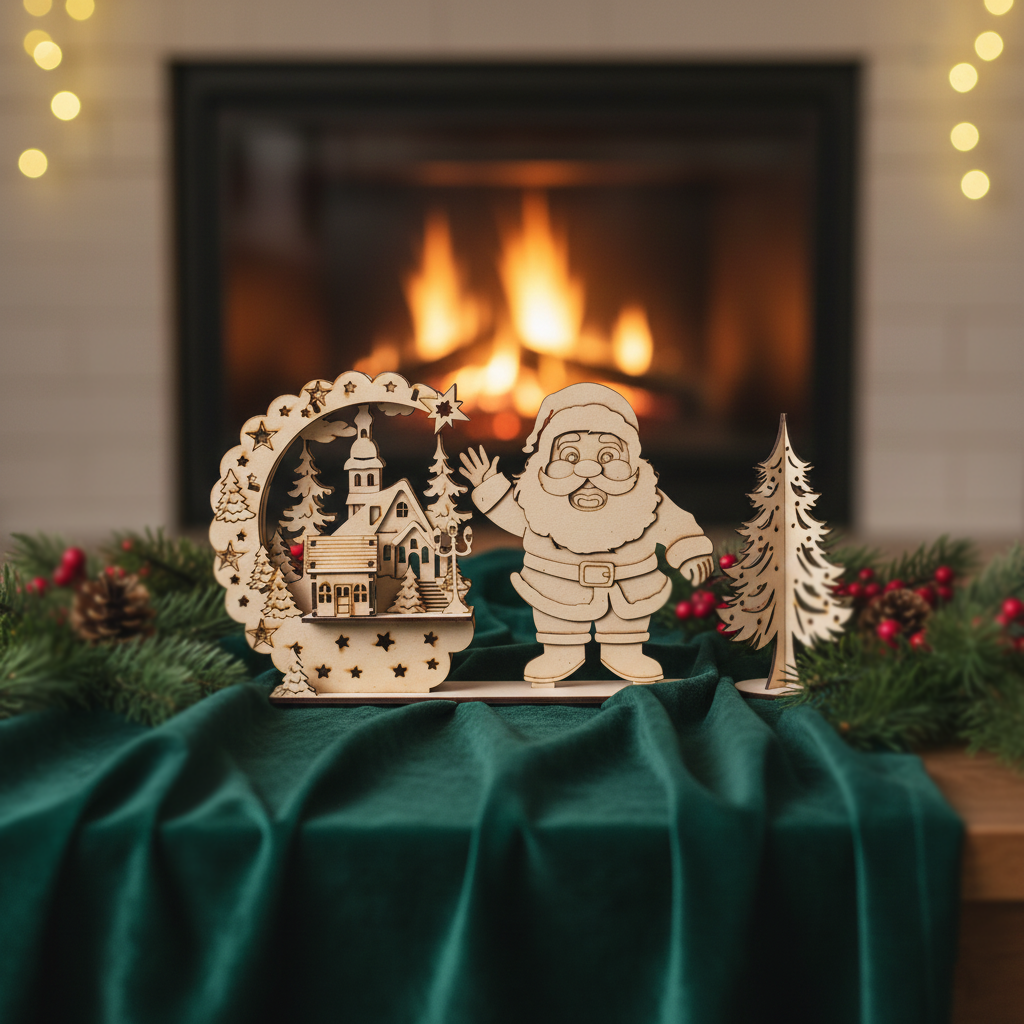 DIY MDF Santa village scene stand with layered house arch and Christmas tree show on decorative table 