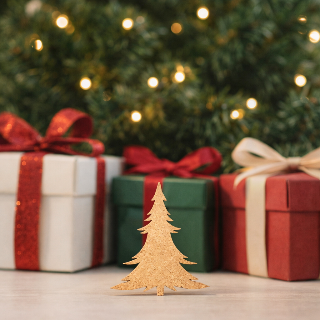 Unpainted DIY MDF Christmas tree cutout standing on a table, with festive gift boxes and blurred Christmas lights in the background.