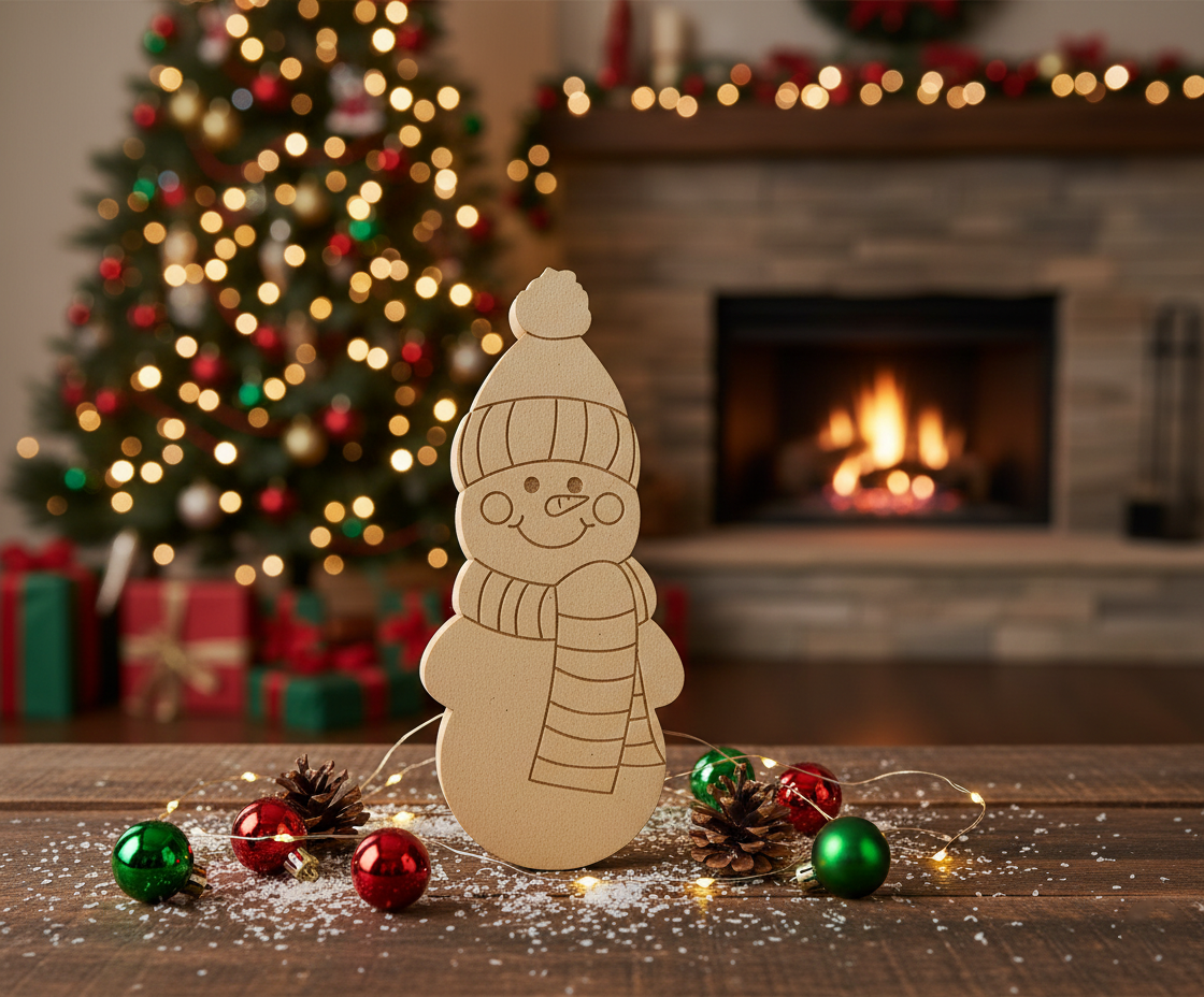 DIY MDF snowman cutout blank with cap and scarf outline, Christmas craft base for painting show on  decoration table 