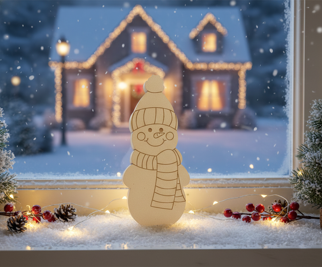 DIY MDF snowman cutout blank with cap and scarf outline, Christmas craft base for painting show on  decoration window