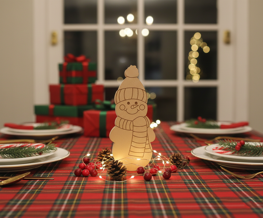 DIY MDF snowman cutout blank with cap and scarf outline, Christmas craft base for painting show on  decoration table 