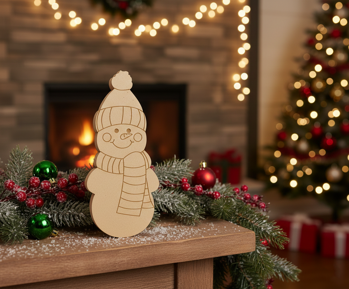 DIY MDF snowman cutout blank with cap and scarf outline, Christmas craft base for painting show on  decoration table 