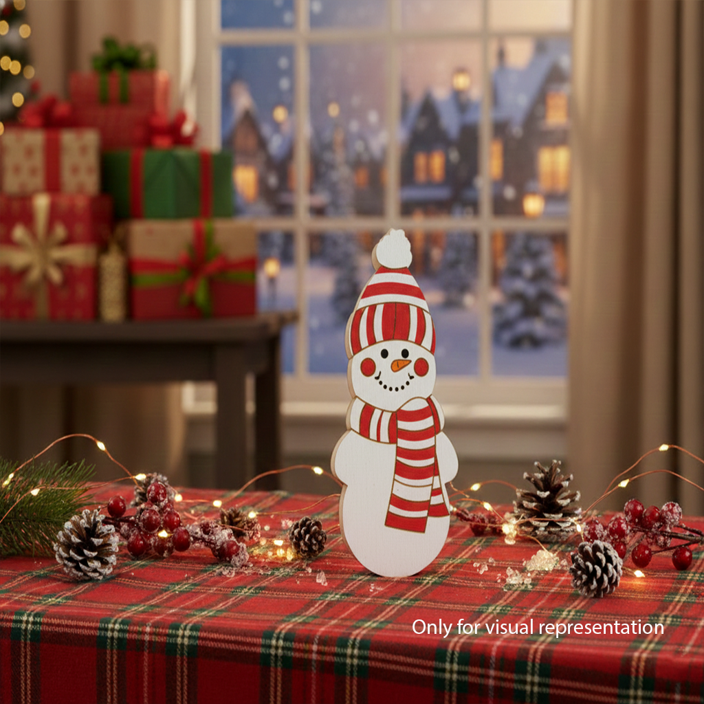 MDF snowman cutout blank with cap and scarf outline, Christmas craft base for painting show on  decoration table (visual representation).