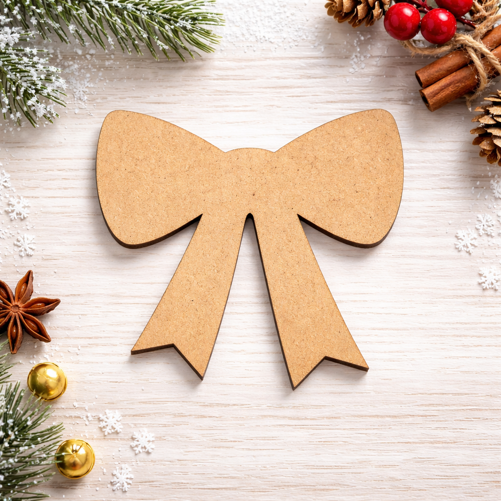 Blank DIY MDF ribbon bow cutout for painting, Christmas gift topper show on table 