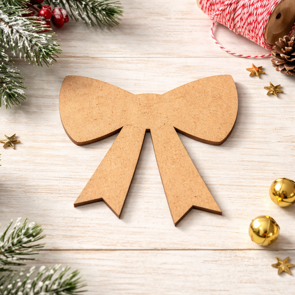 Blank DIY MDF ribbon bow cutout for painting, Christmas gift topper show on table 
