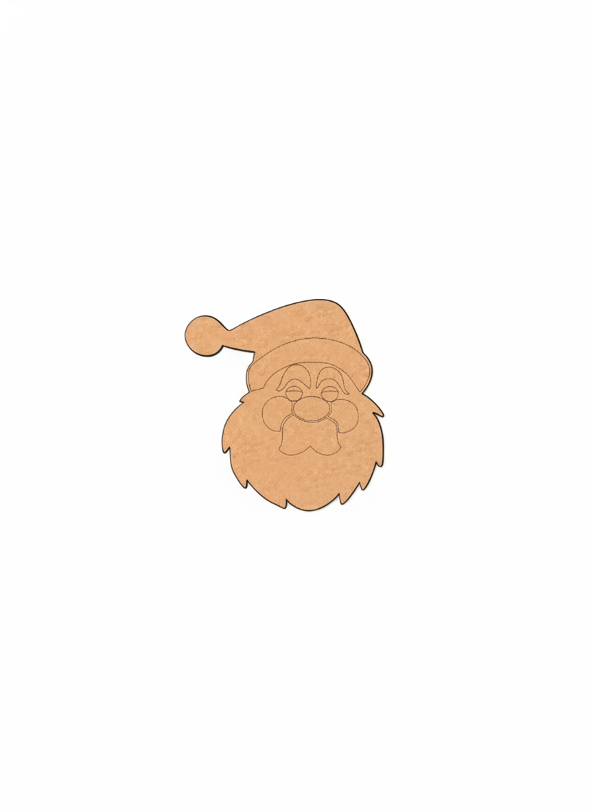 Blank DIY MDF Santa face cutout with hat and beard outline for painting, Christmas craft decoration.