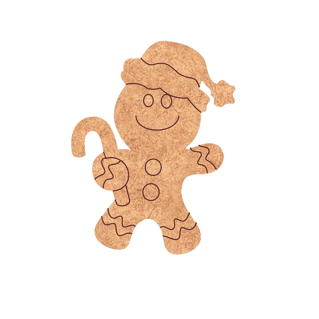 DIY MDF gingerbread Santa cutout with candy cane and hat, paintable Christmas craft blank for decoration.