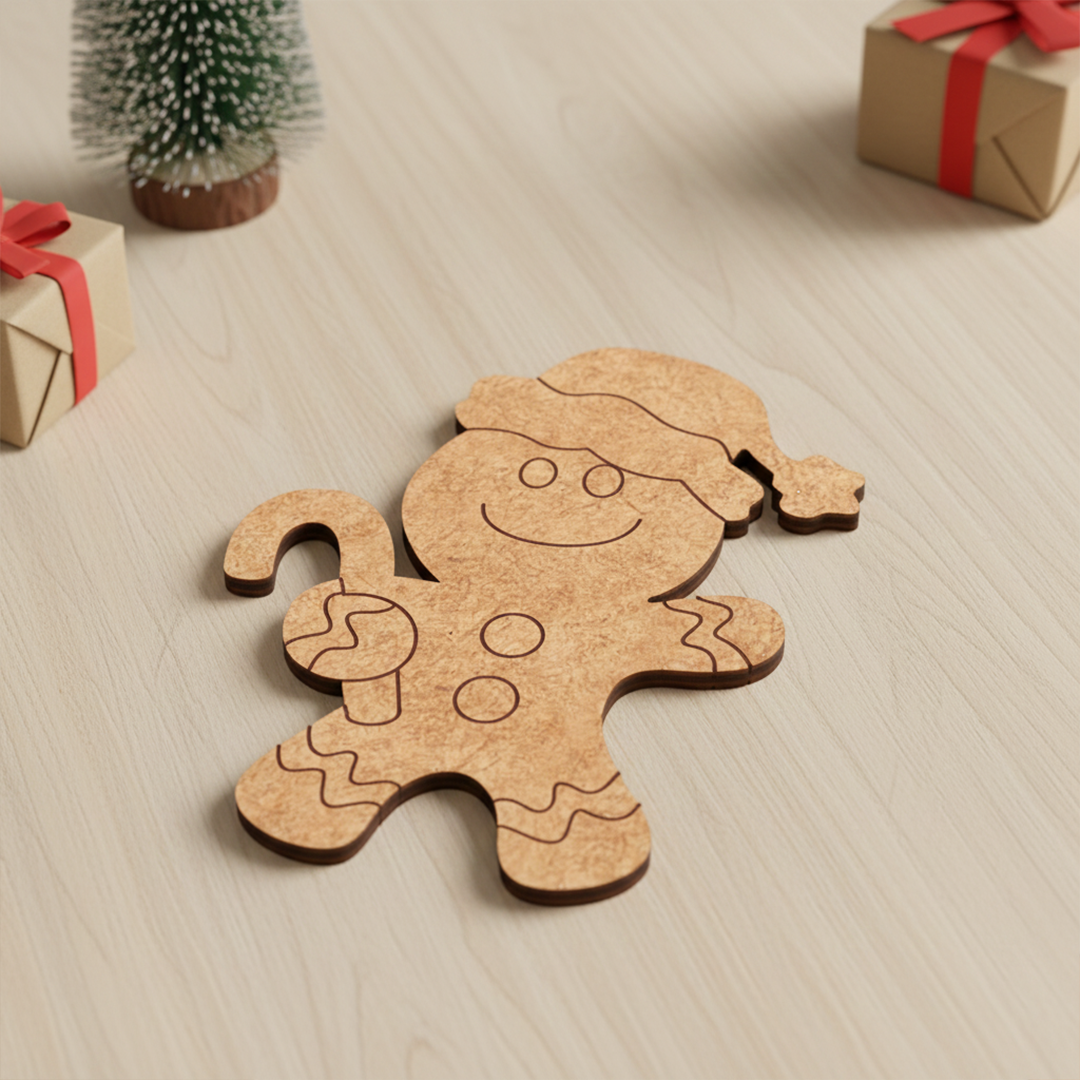 DIY MDF gingerbread Santa cutout with candy cane and hat, paintable Christmas craft for decoration show on table 