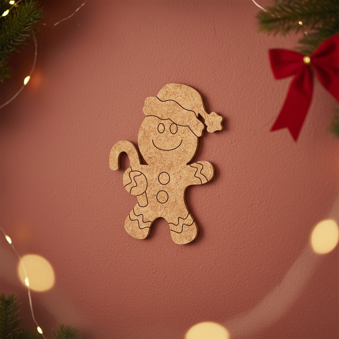 DIY MDF gingerbread Santa cutout with candy cane and hat, paintable Christmas craft for decoration mount on decorated wall