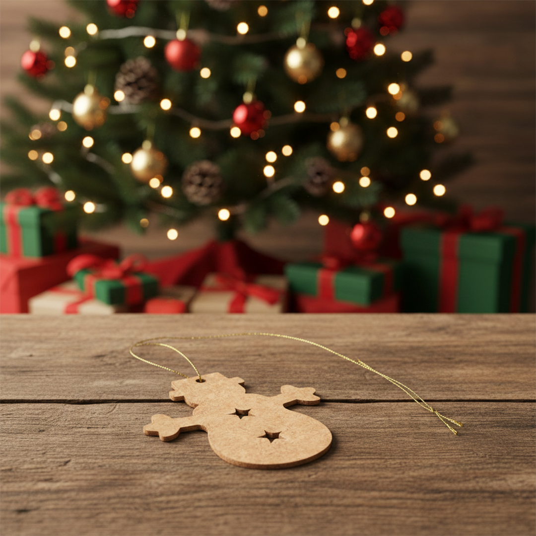 DIY MDF snowman ornament cutout with star cut design for Christmas decoration and craft activities show on table 