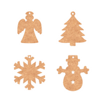 Set of 4 DIY MDF mini Christmas ornaments cutouts: angel, tree, snowflake and snowman, paintable hanging blanks.