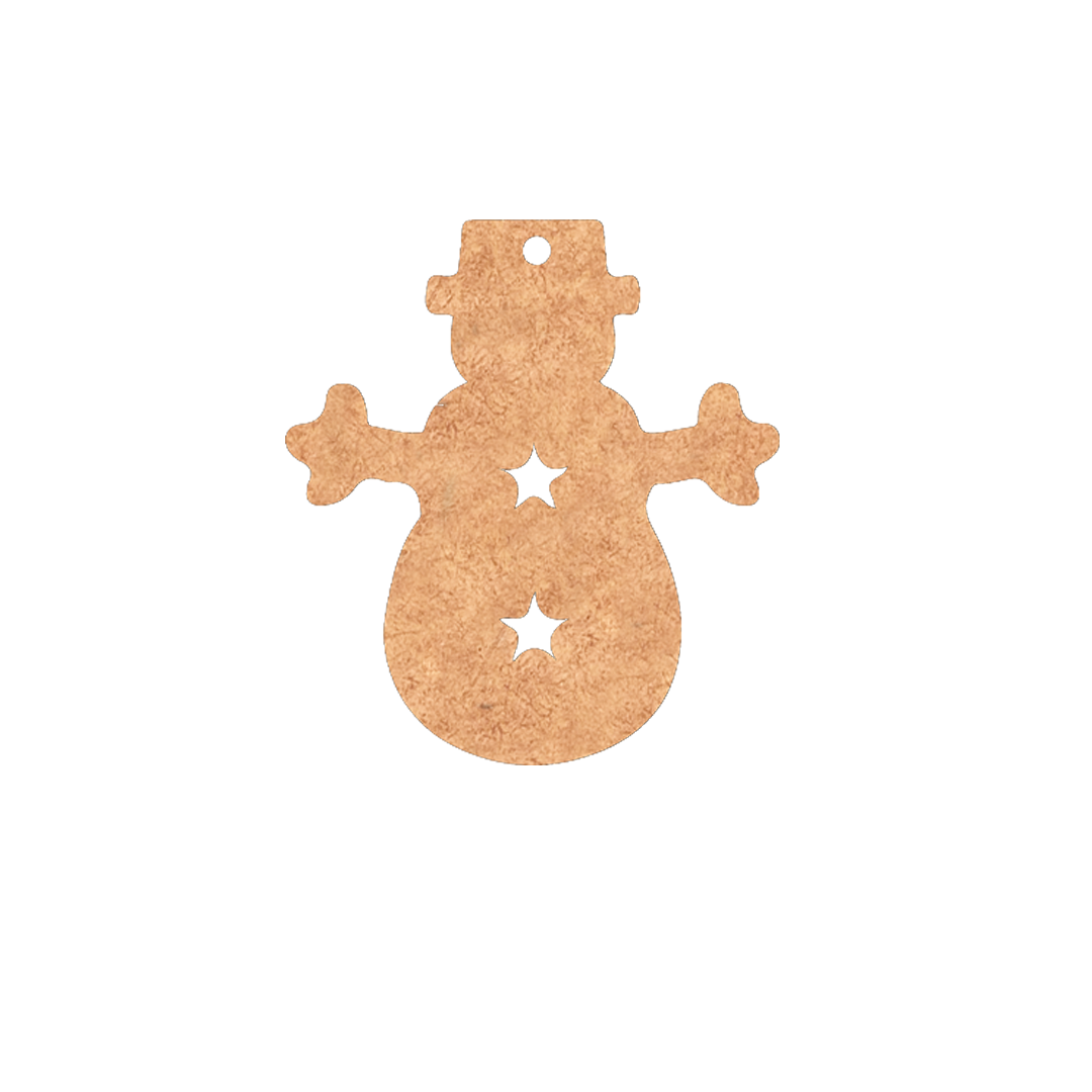 DIY MDF snowman ornament cutout with star cut design for Christmas decoration and craft activities.