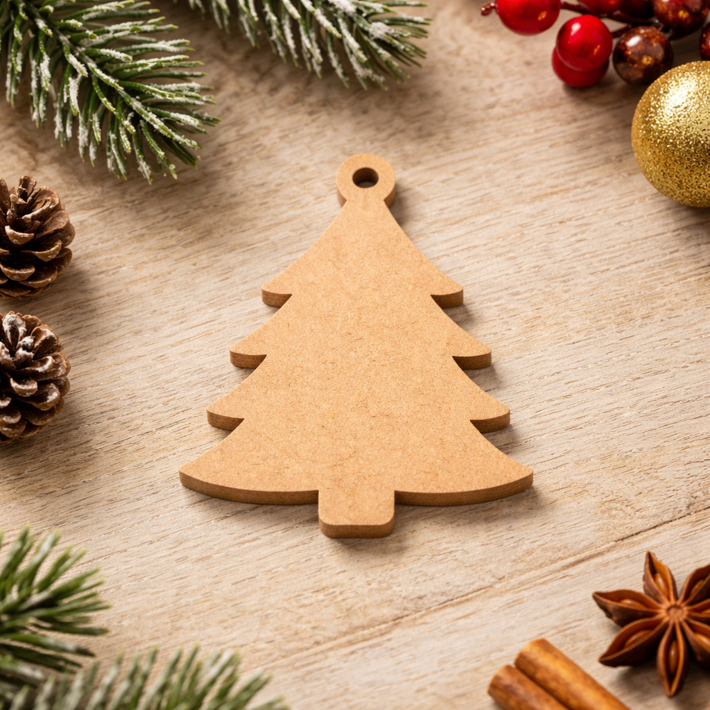 “Plain MDF Christmas tree ornament cutout for DIY painting, crafting, and festive decoration show on table 