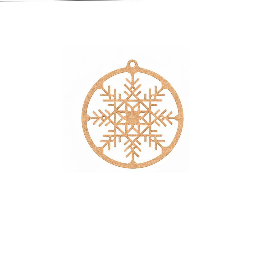 MDF round Christmas ornament with intricate snowflake cutout design for DIY craft and holiday decoration.