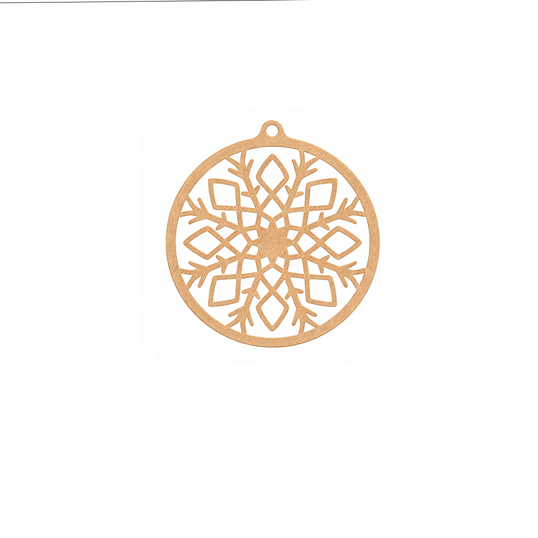 DIY MDF round ornament with modern diamond-pattern snowflake cutout for Christmas tree decoration and craft projects