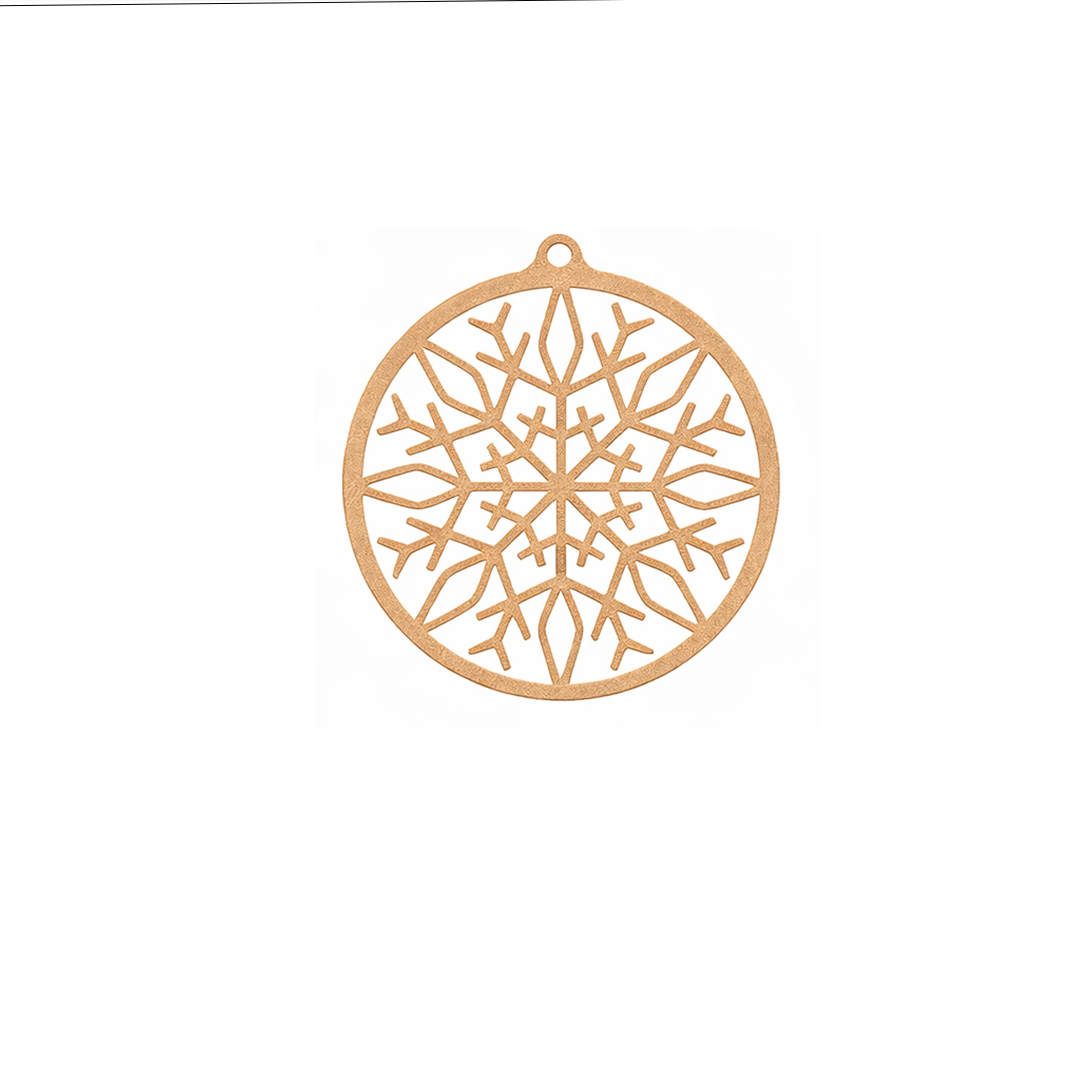 Plain MDF round ornament with classic snowflake cutout for DIY painting, winter crafts, and Christmas décor.