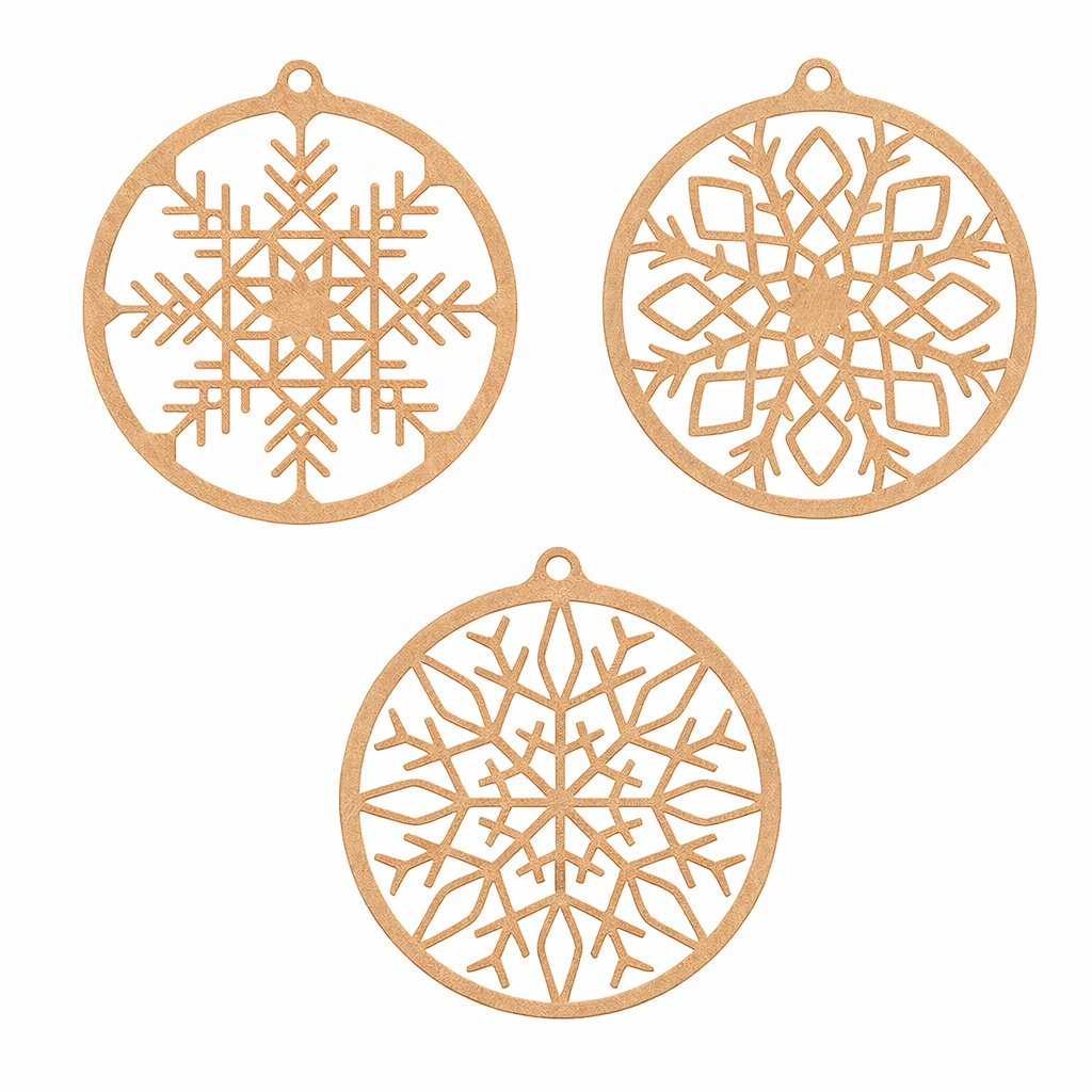 Set of 3 laser-cut DIY MDF snowflake round ornaments, geometric snowflake designs for painting and Christmas tree decoration.