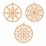 Set of 3 laser-cut DIY MDF snowflake round ornaments, geometric snowflake designs for painting and Christmas tree decoration.