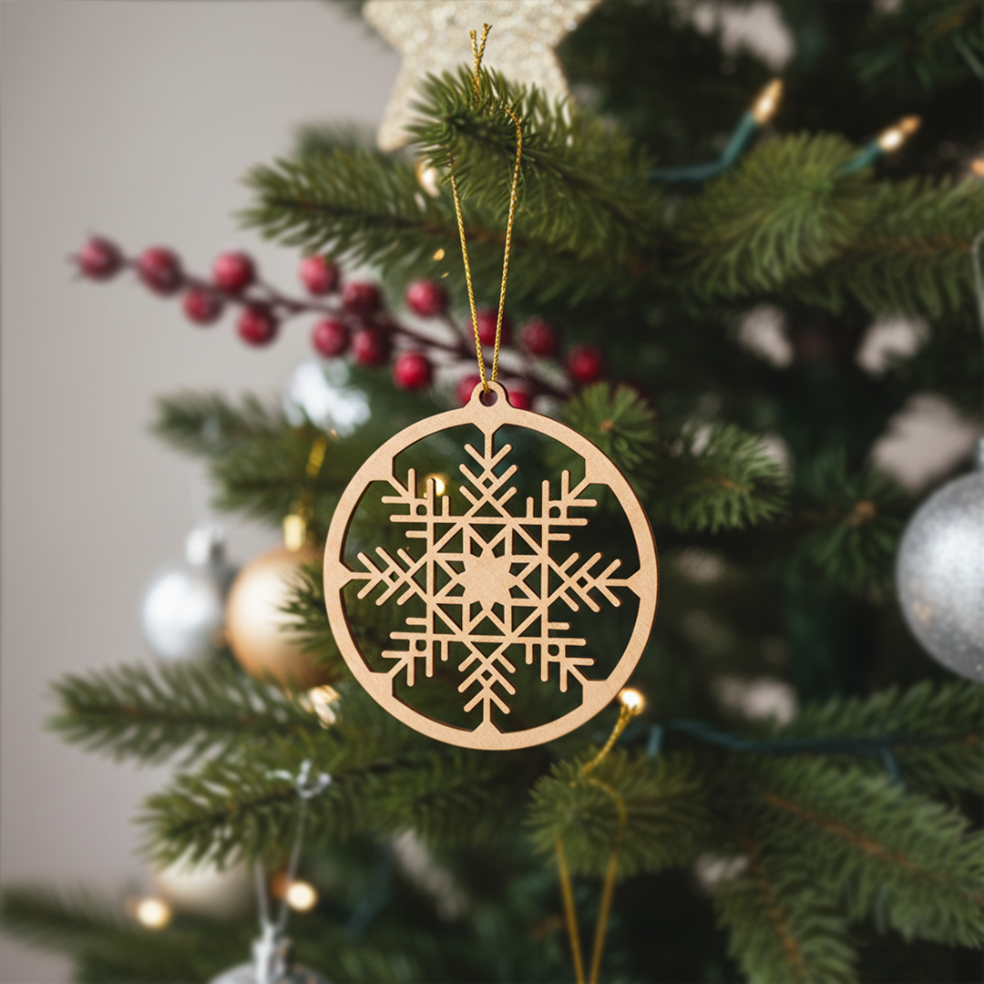 MDF round hanging ornament with classic snowflake cutout for DIY painting, winter crafts, and Christmas décor 