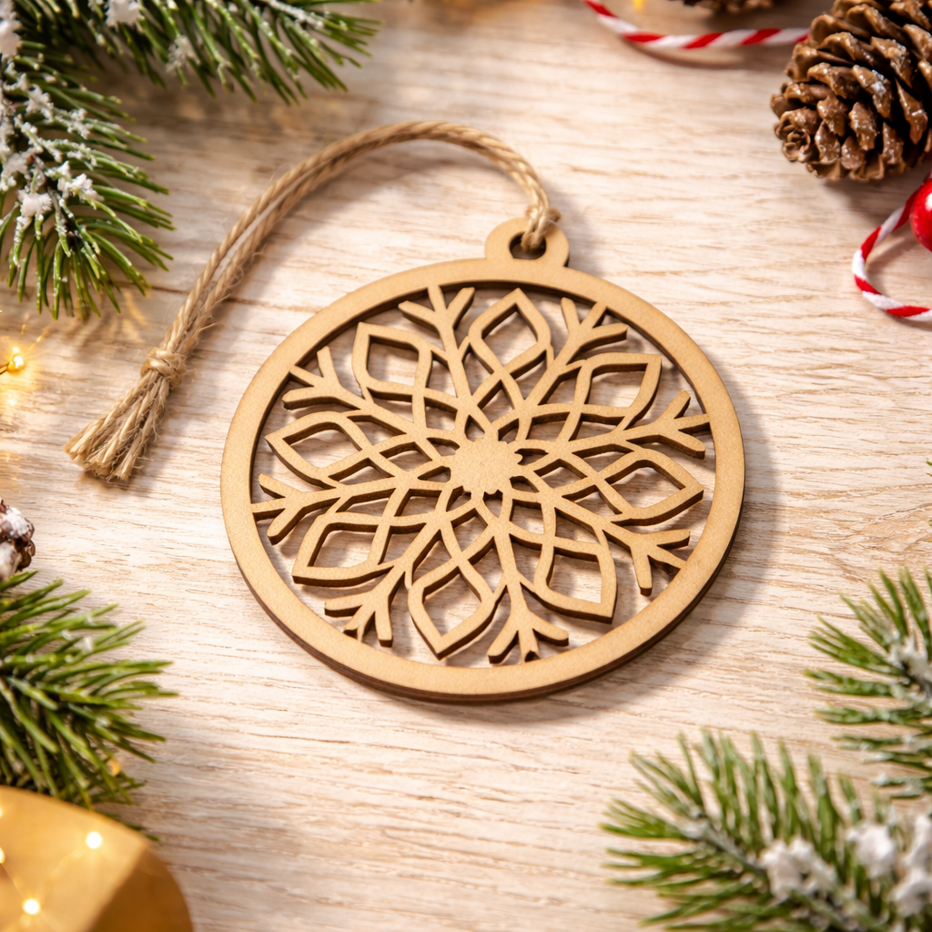 Plain MDF round ornament with classic snowflake cutout for DIY painting, winter crafts, and Christmas décor show on table 