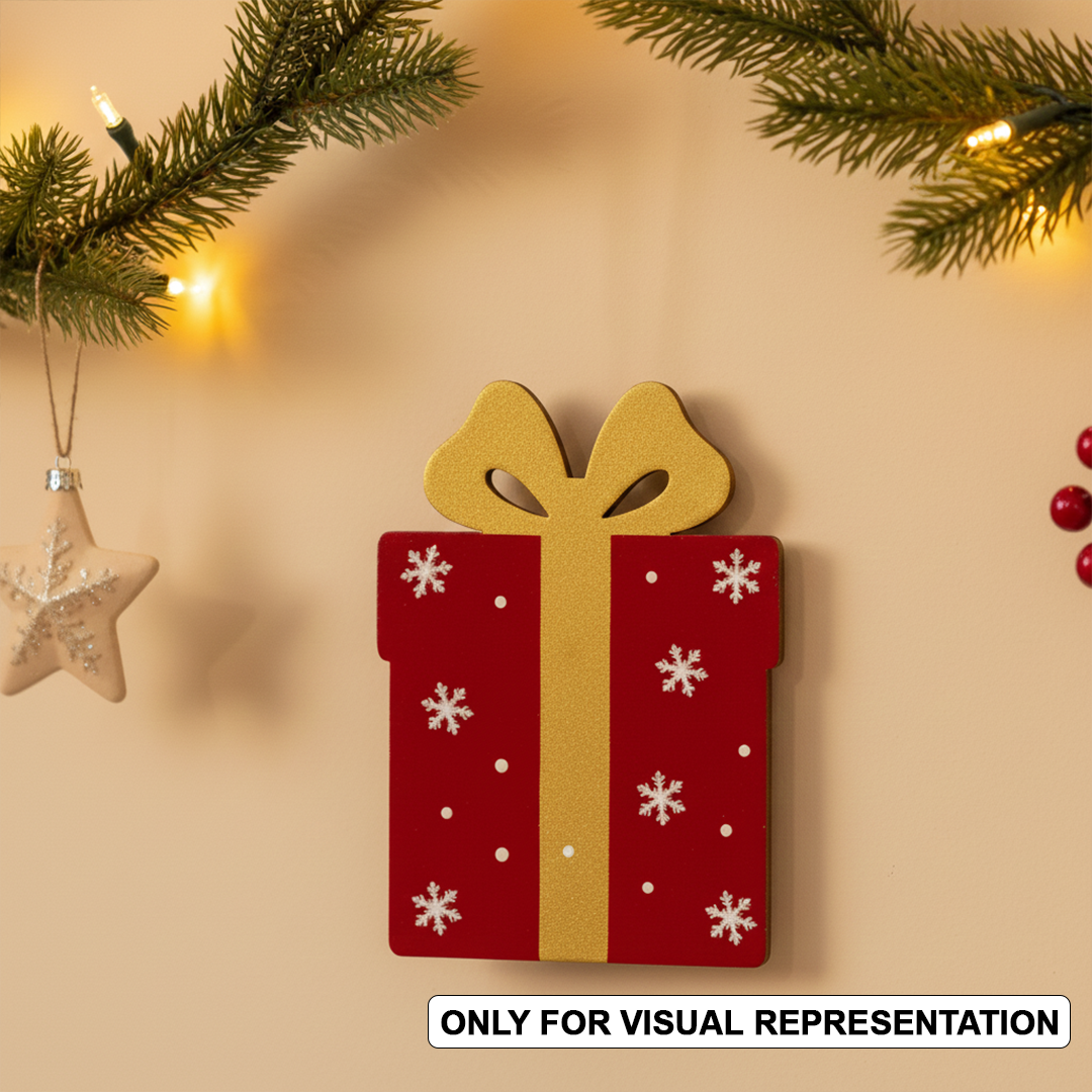 DIY MDF gift box coloured cutout with bow shape, paintable Christmas craft base for decoration.
