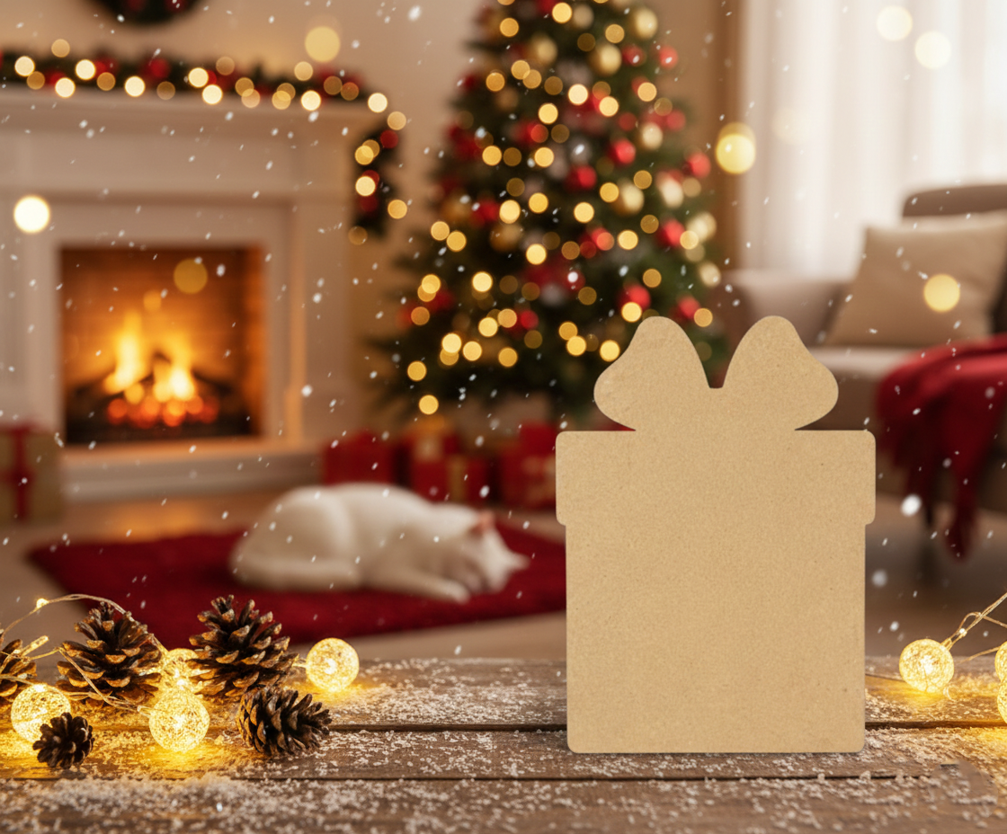 DIY MDF gift box cutout with bow shape, paintable Christmas craft base for decoration standing on wooden table 