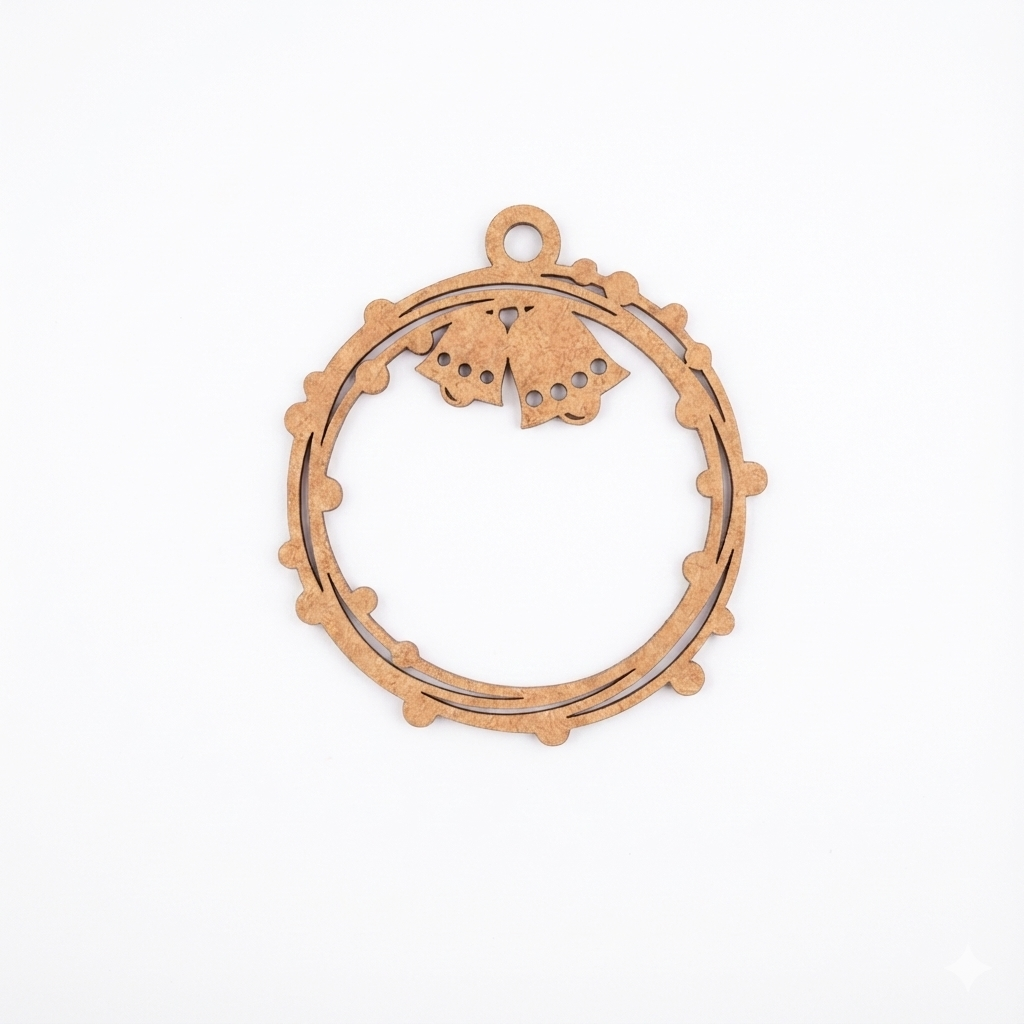 Laser-cut DIY MDF bell ring ornament cutout with hanging loop, Christmas craft for painting and decoration.