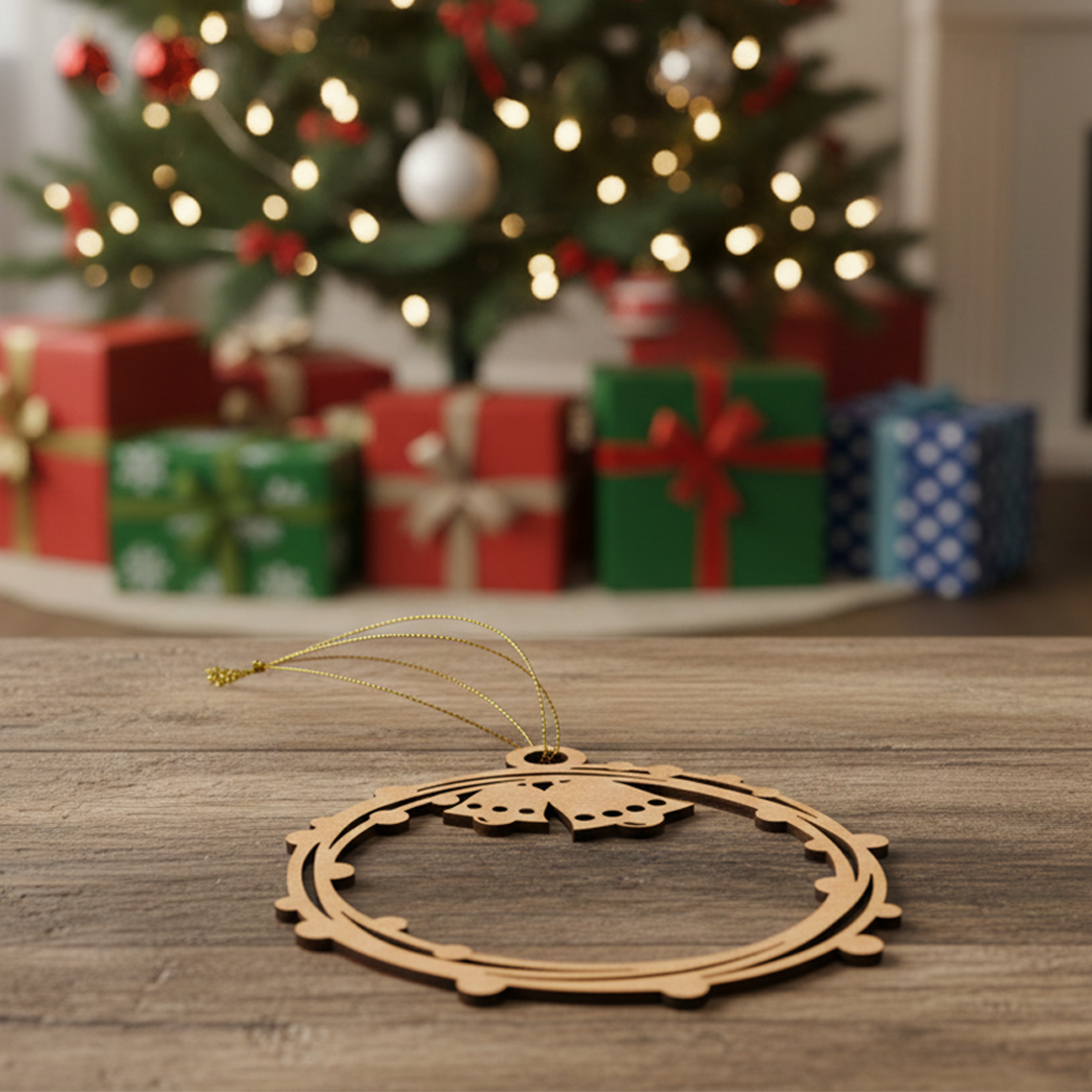 Laser-cut DIY MDF bell ring ornament hanging cutout with hanging loop, Christmas craft show on table 