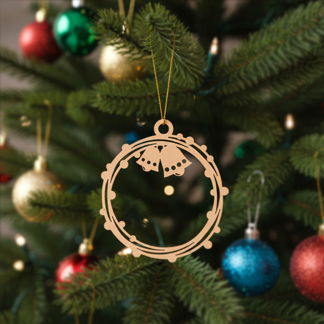 Laser-cut DIY MDF bell ring ornament hanging cutout with hanging loop, Christmas craft