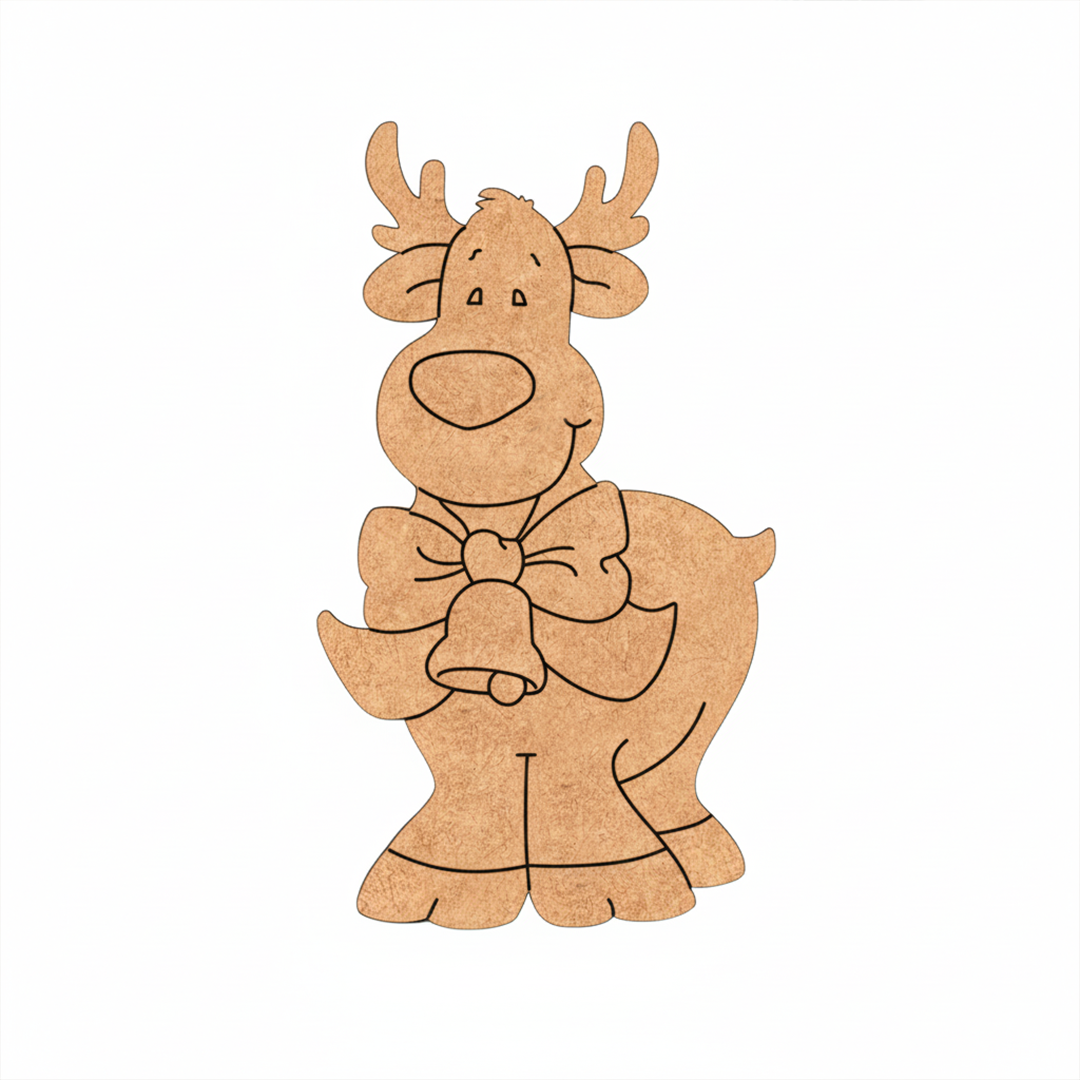 DIY MDF cute reindeer cutout with bow and bell outline, paintable Christmas craft blank for decoration.
