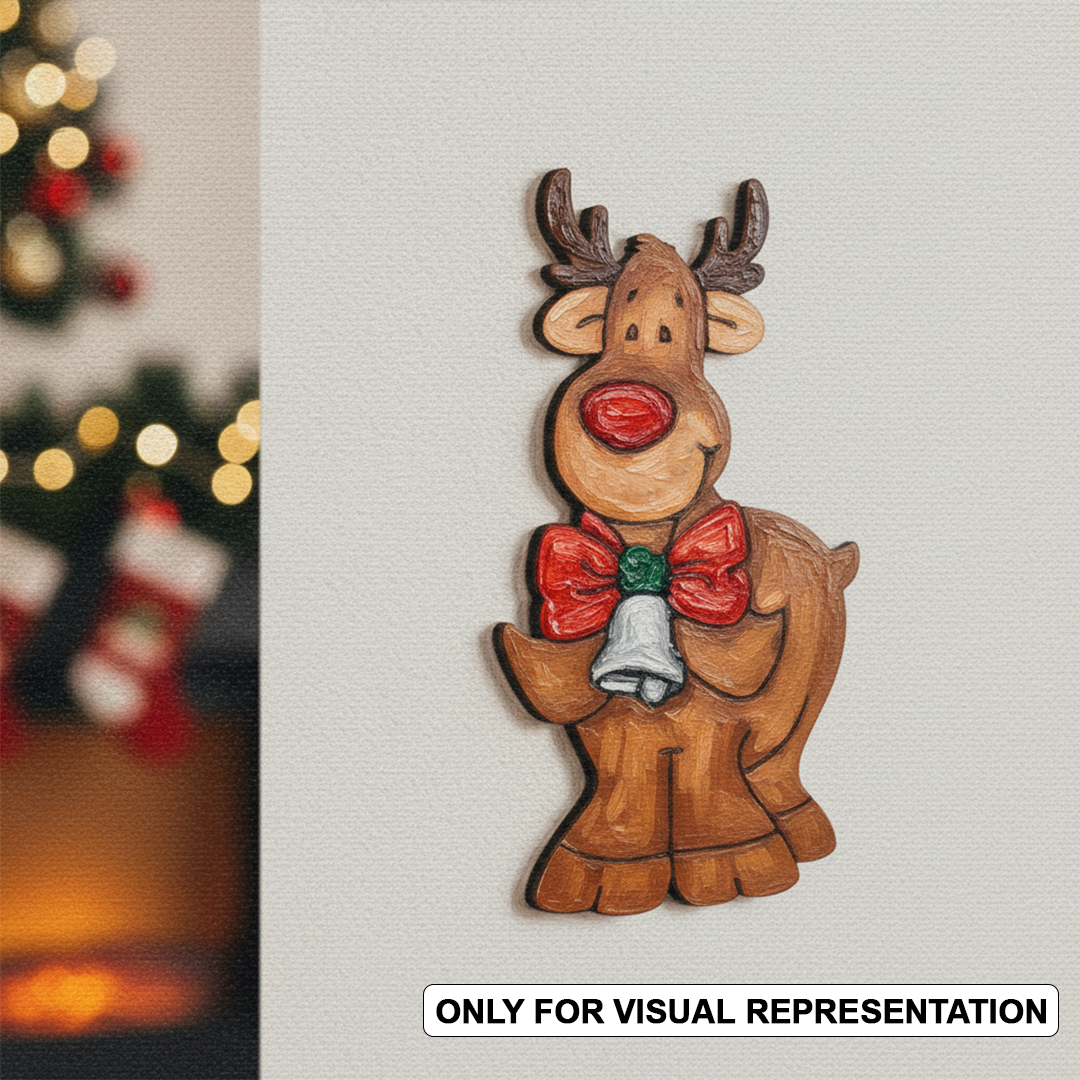 DIY MDF cute reindeer coloured cutout with bow and bell outline, paintable Christmas craft blank for decoration ounted on wall (visual representation)