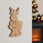 DIY MDF cute reindeer cutout with bow and bell outline, paintable Christmas craft blank for decoration mounted on wall