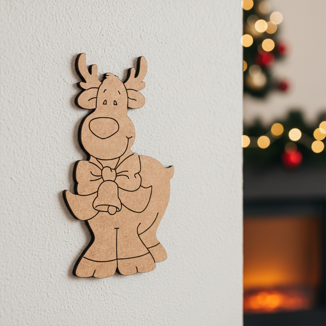 DIY MDF cute reindeer cutout with bow and bell outline, paintable Christmas craft blank for decoration mounted on wall