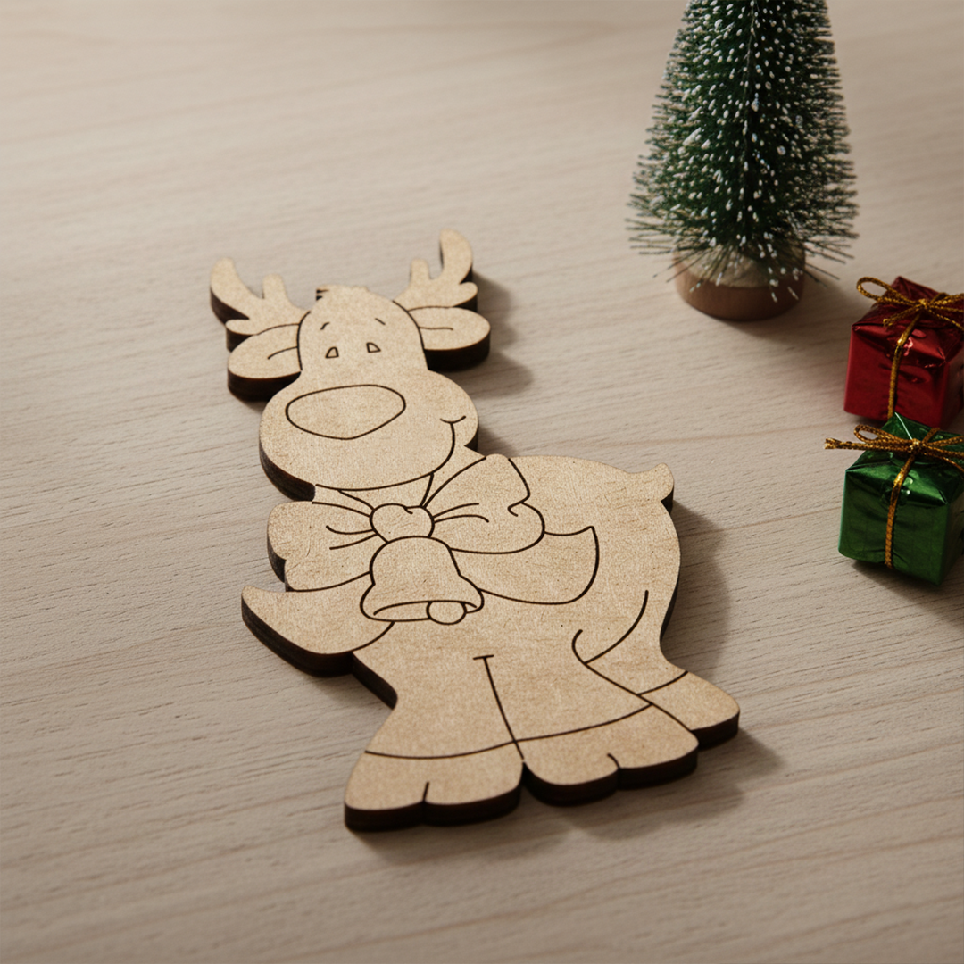 DIY MDF cute reindeer cutout with bow and bell outline, paintable Christmas craft blank for decoration show on table  