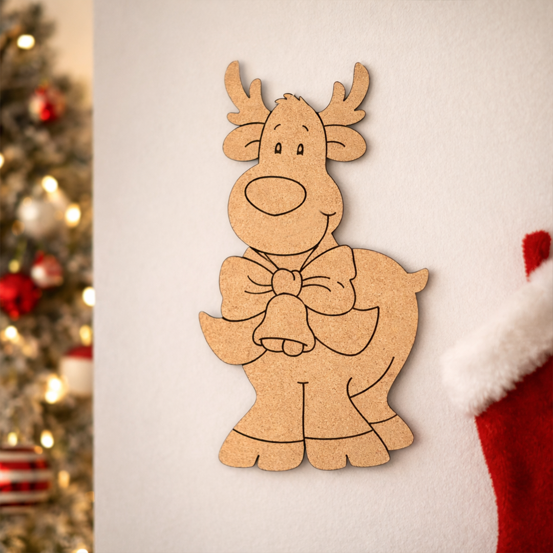 DIY MDF cute reindeer cutout with bow and bell outline, paintable Christmas craft blank for decoration mounted on wall