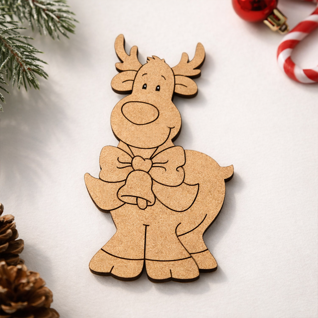 DIY MDF cute reindeer cutout with bow and bell outline, paintable Christmas craft blank for decoration mounted on decorated wall