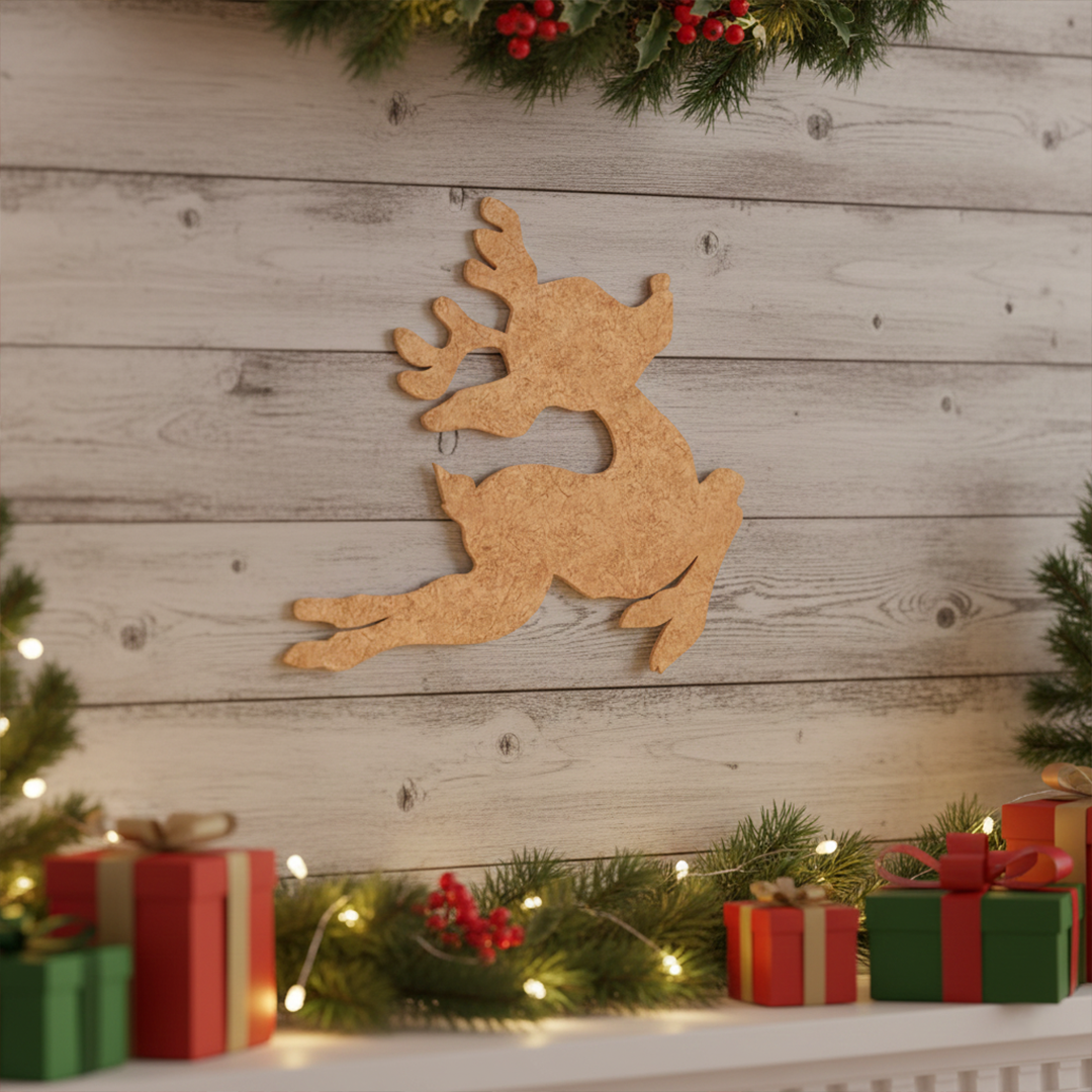 DIY MDF reindeer cutout for Christmas craft mounted  on wooden wall