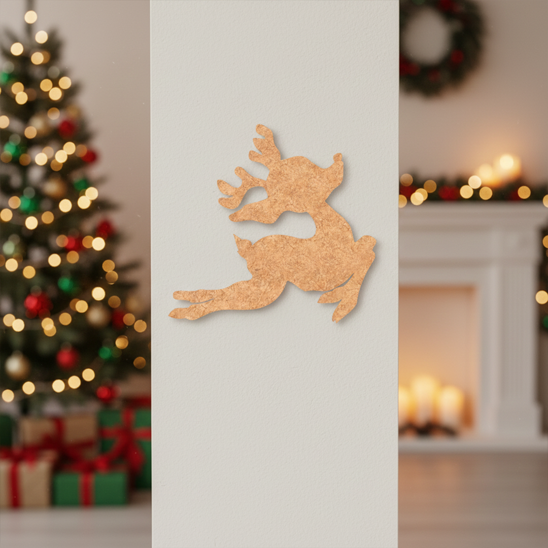DIY MDF reindeer cutout for Christmas craft mounted on decorative wall