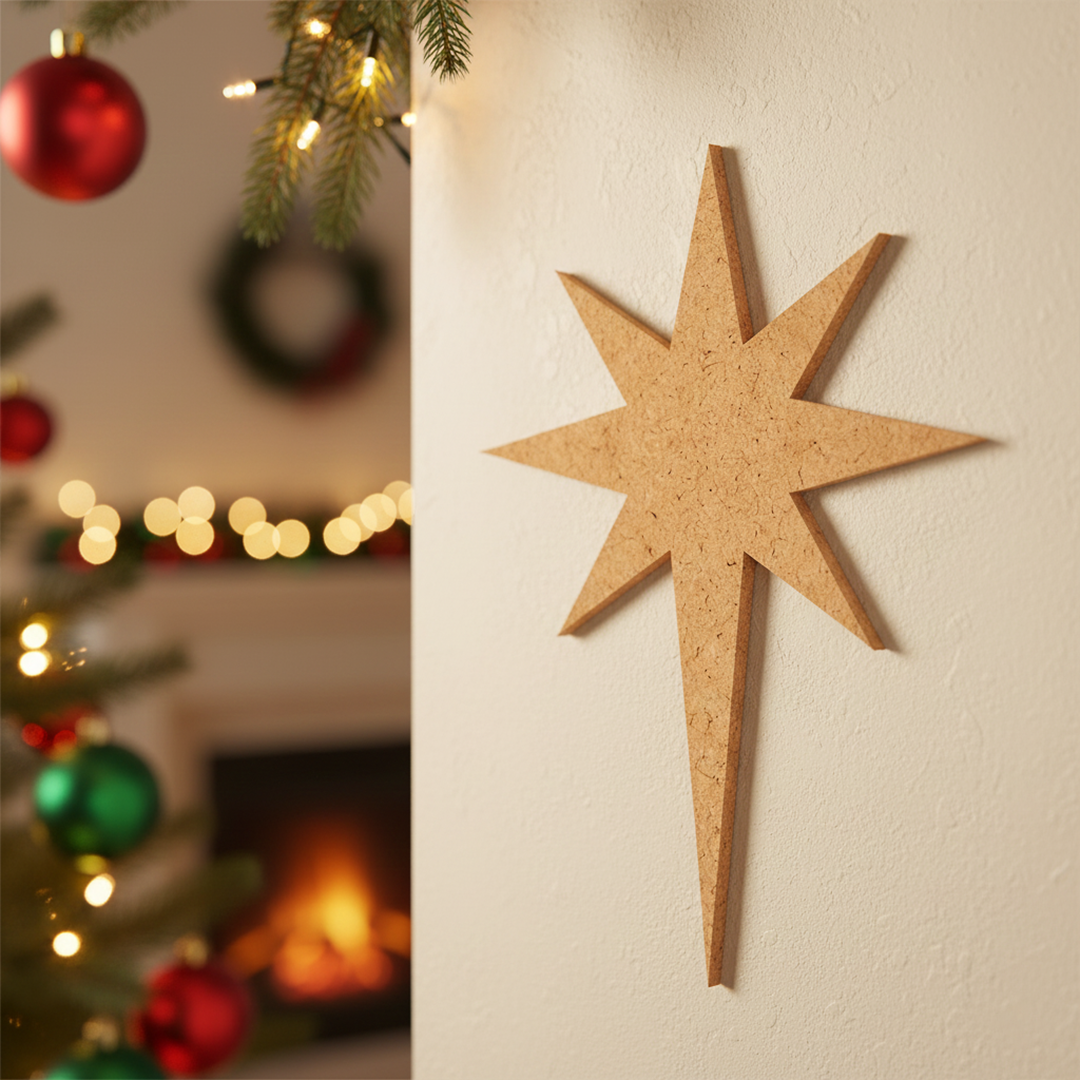 DIY MDF star cutout for Christmas craft and festive decoration mounted  on white wall