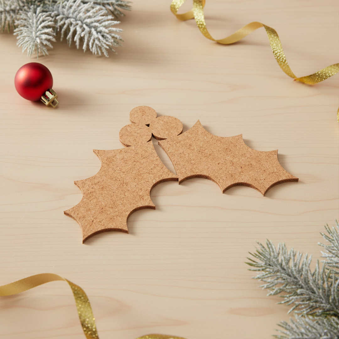 DIY MDF holly leaves cutout with berries for Christmas craft show on tabe 