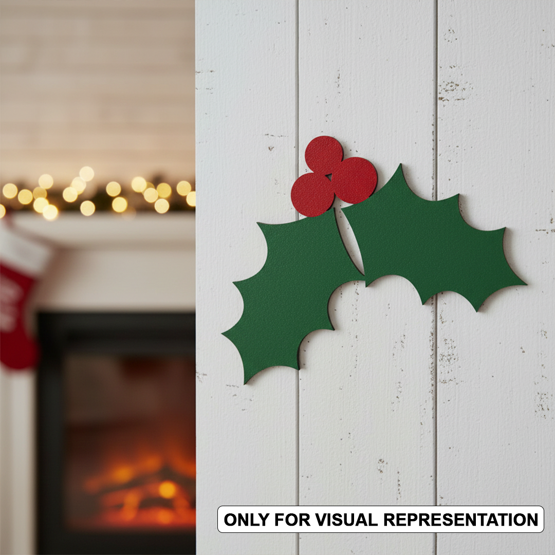 MDF holly leaves cutout with berries for Christmas craft mounted on wooden wall