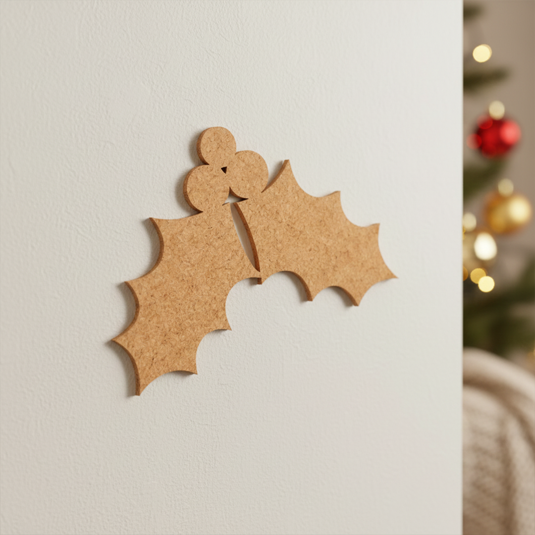 DIY MDF holly leaves cutout with berries for Christmas craft mounted on white wall