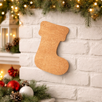 DIY MDF Christmas stocking cutout for craft and tree decoration mounted on white decorative wall