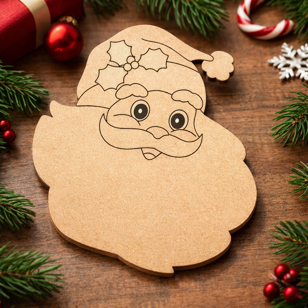 DIY MDF Santa face cutout for Christmas craft show on decorative table 