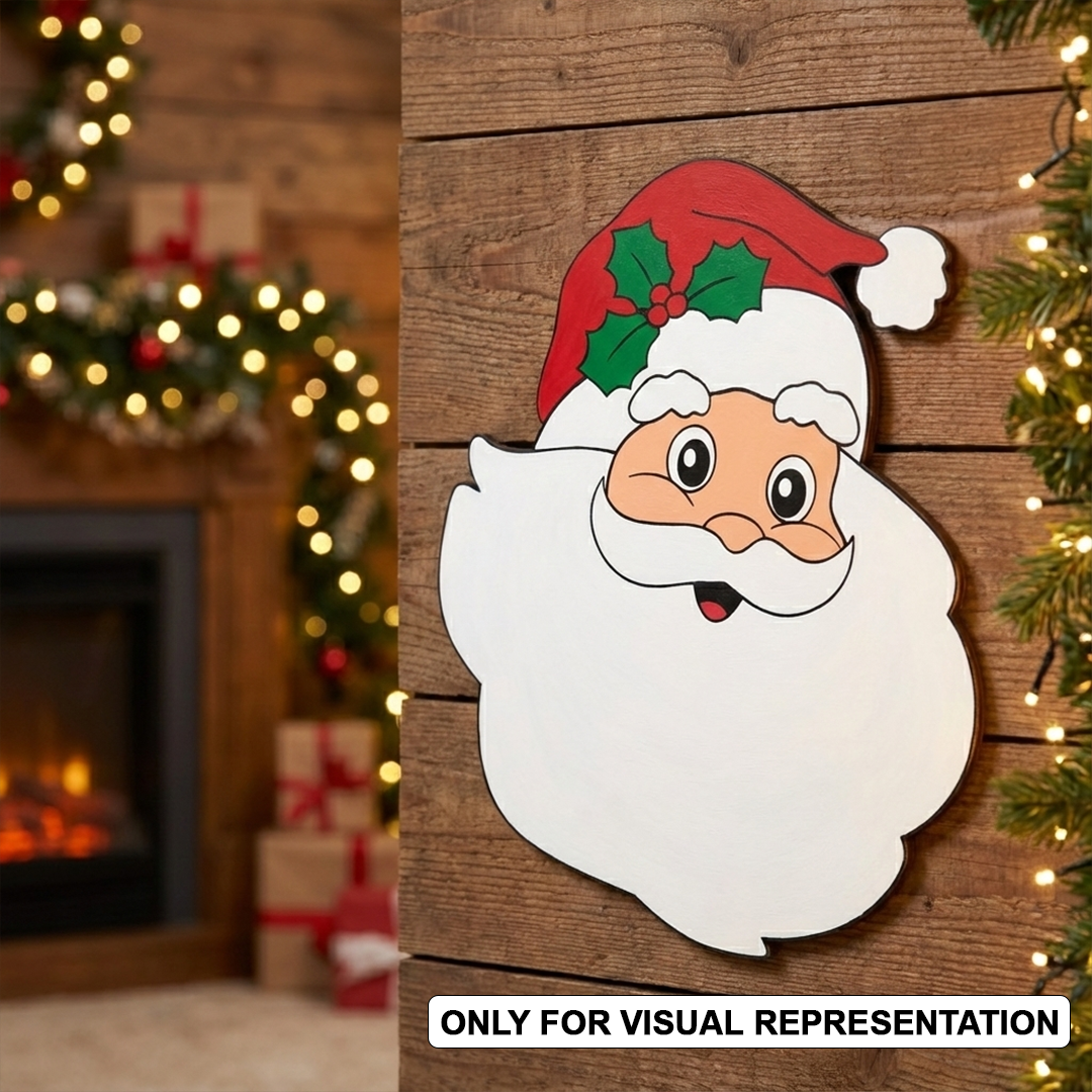 MDF Santa face cutout for Christmas craft mounted on wooden wall