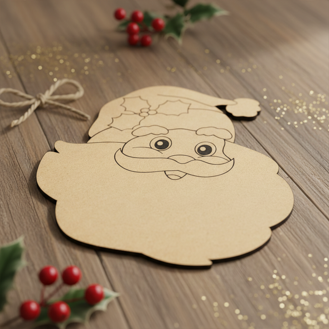 DIY MDF Santa face cutout for Christmas craft on wooden table 